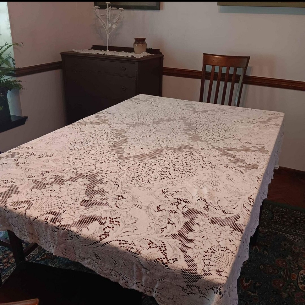 Vtg Cotton Quaker Lace Tablecloth #4370 70"x60" Rectangular Bone